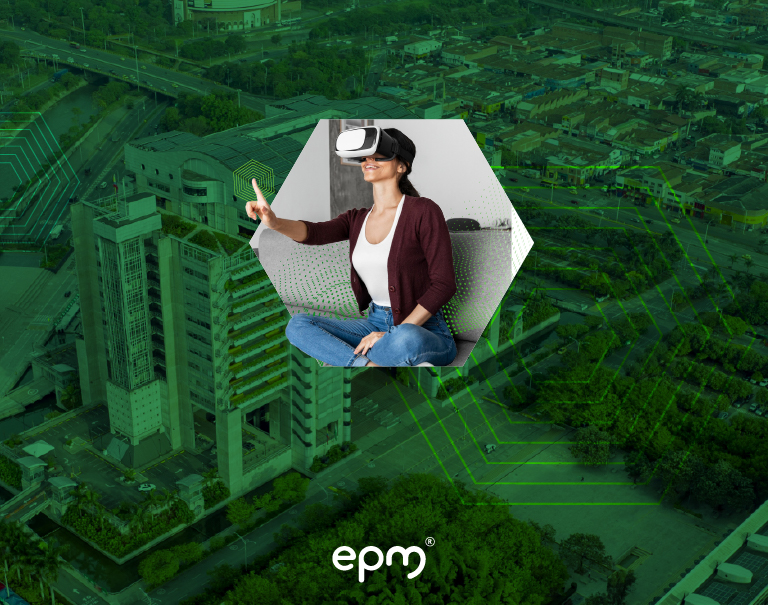 Banner recorrido virtual EPM - Mujer con gafas de realidad aumentada