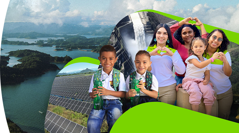 Close-up of five people three adult women and two children smiling; a woman and a child make a heart gesture with their hands, while others hold green reusable bottles. In the background, the Guatapé reservoir with islets and mountains can be seen, along with solar panels and green graphic elements that complete the composition, conveying energy, community, and sustainability.